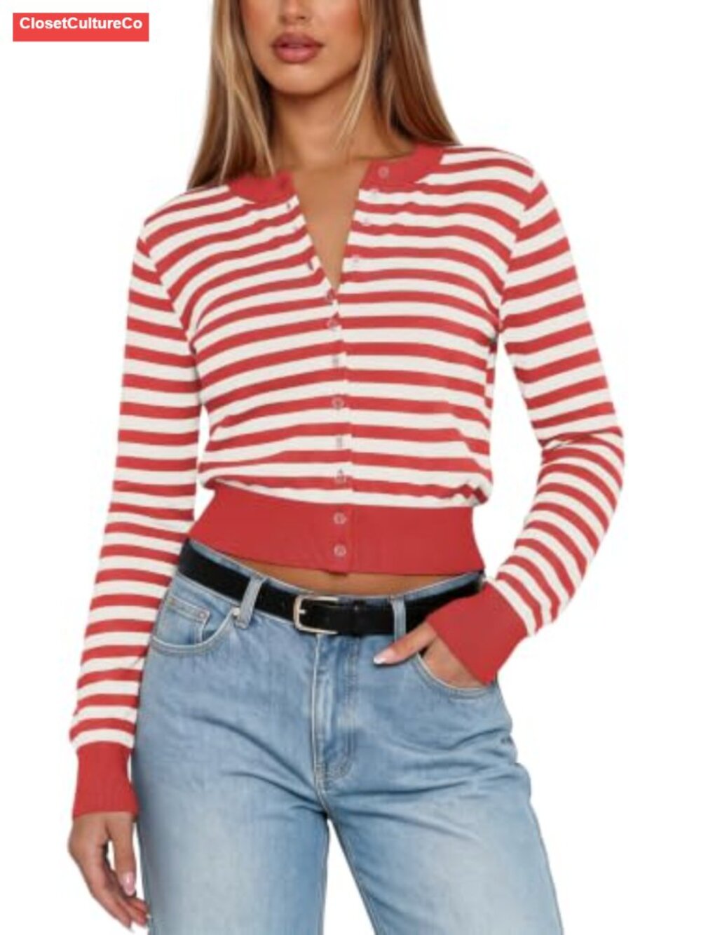 Cropped Cardigan Sweater Ribbed Knit Long Sleeve Button Open Front